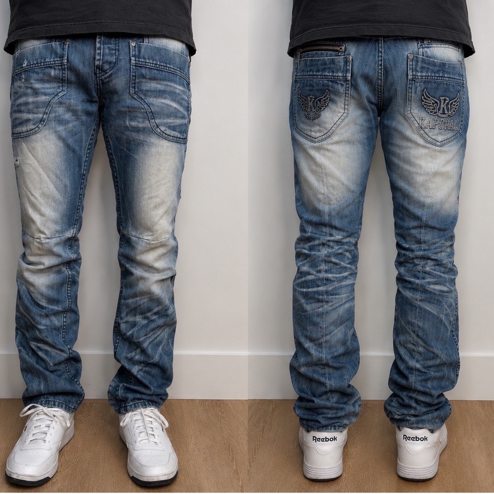 Kaporal 5 Mens Straight Leg Euro Jeans Medium Wash Embroidered Winged Logo Denim